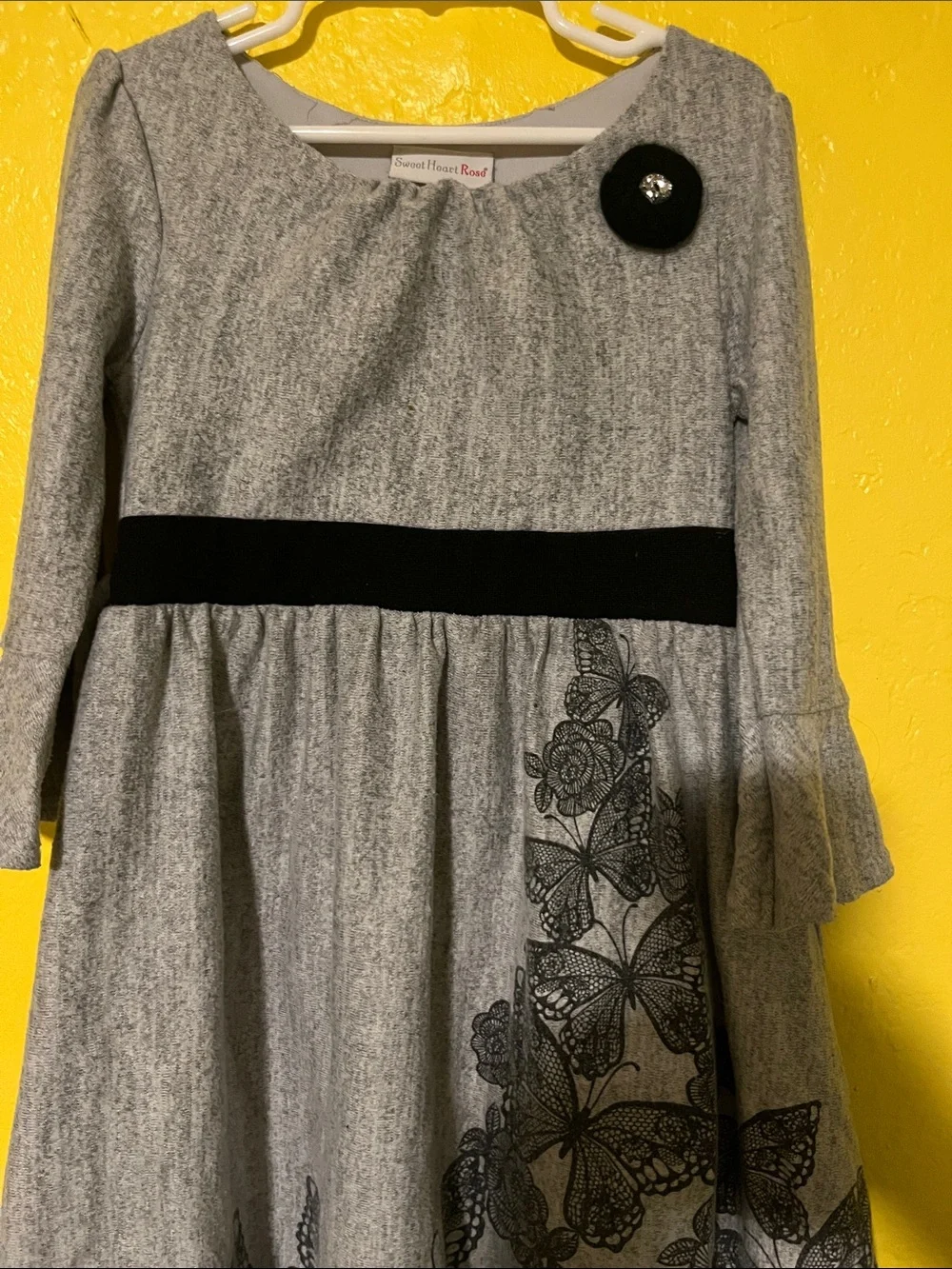 Sweet Heart Rose Gray Dress with Black Waistband and Butterfly Print